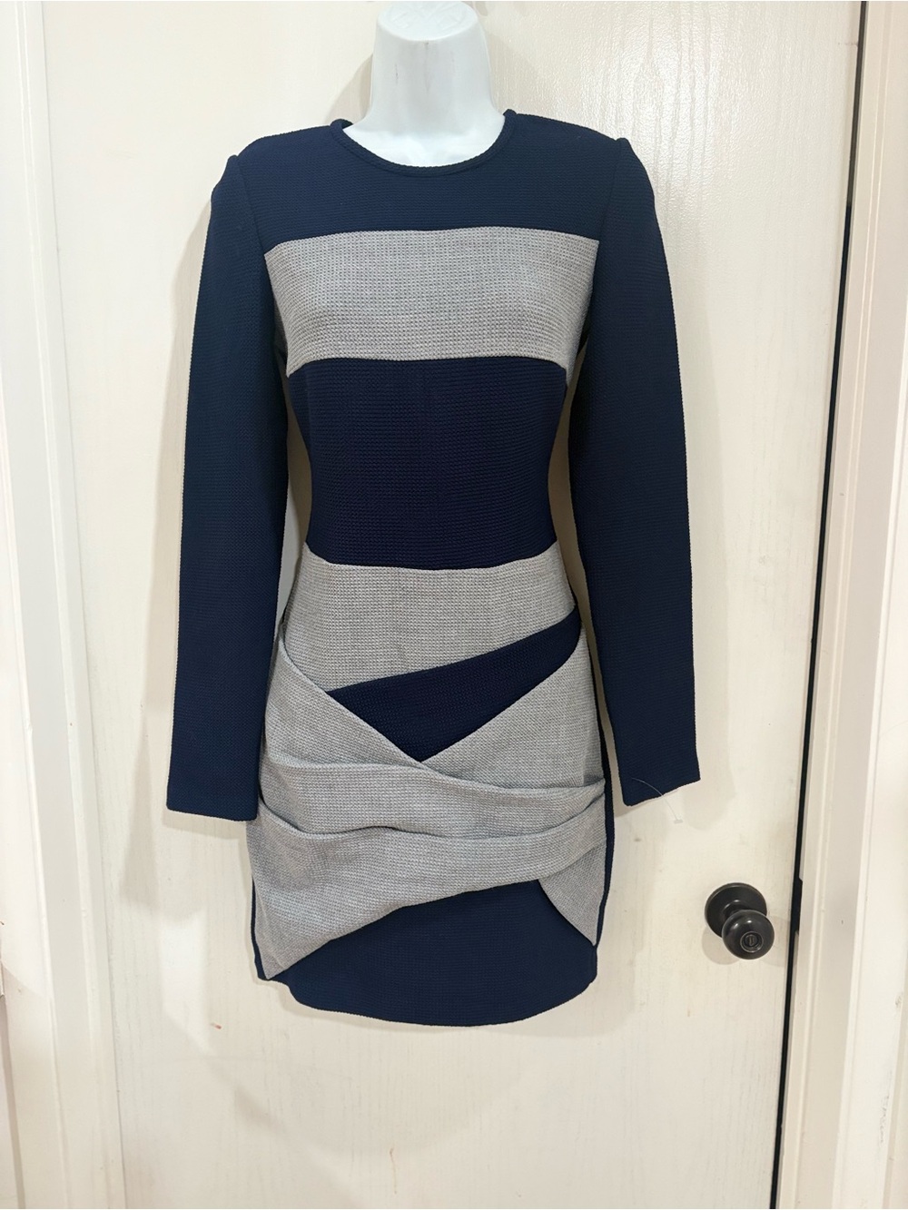 Thakoon Navy and Gray Textured Colorblock Mini Dress